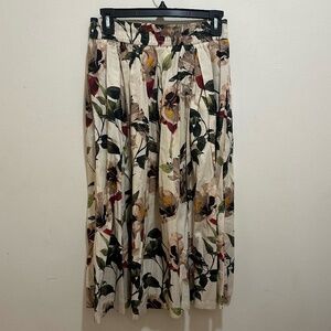 Zara Women's Small Cream Ivory Floral Midi Elastic Waist Pleated Cotton Skirt